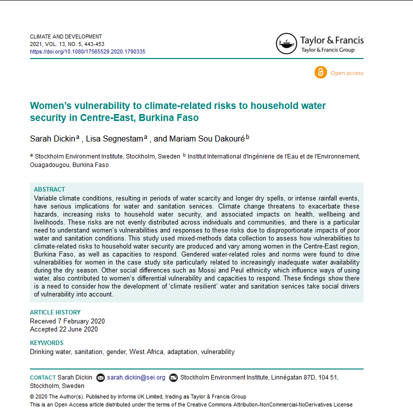 Thumbnail Women’s vulnerability to climate-related risks to household water security in Centre-East, Burkina Faso