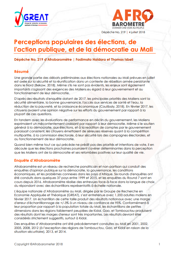 Thumbnail Popular perceptions of elections, public action, and democracy in Mali