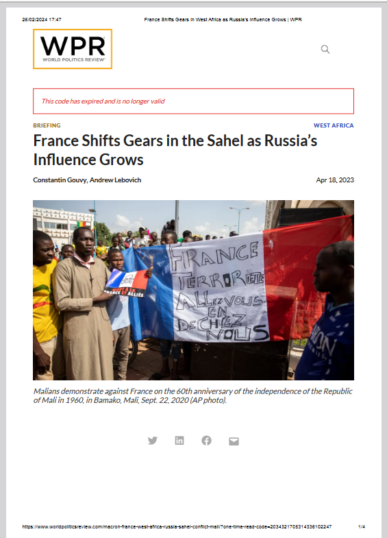 Thumbnail FRANCE SHIFTS GEARS IN THE SAHEL AS RUSSIA’S INFLUENCE GROWS