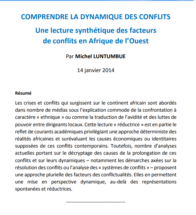 Miniature Comprendre la dynamique des conflits : une lecture synthétique des facteurs de conflits en Afrique de l'Ouest
