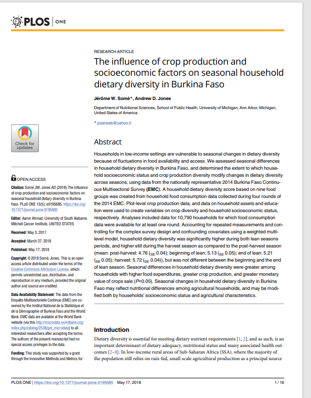Miniature The influence of crop production and socioeconomic factors on seasonal household dietary diversity in Burkina Faso