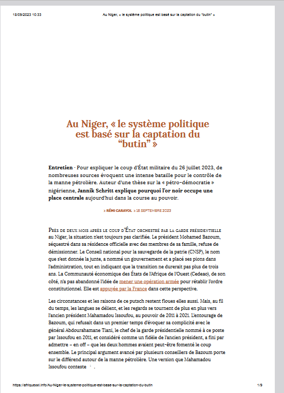 Miniature Au Niger, « le système politique est base sur la captation du “butin” »