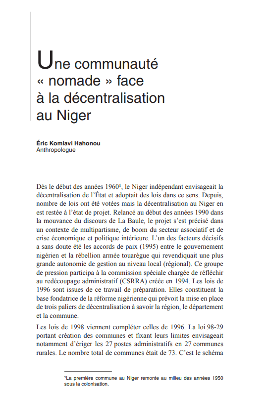Miniature Une communauté  « nomade » face  à la décentralisation  au Niger